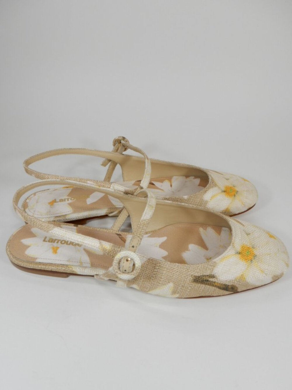 LARROUDE Georgina Slingback Mary Jane Flats Size 6 Beige Printed Raffia NEW